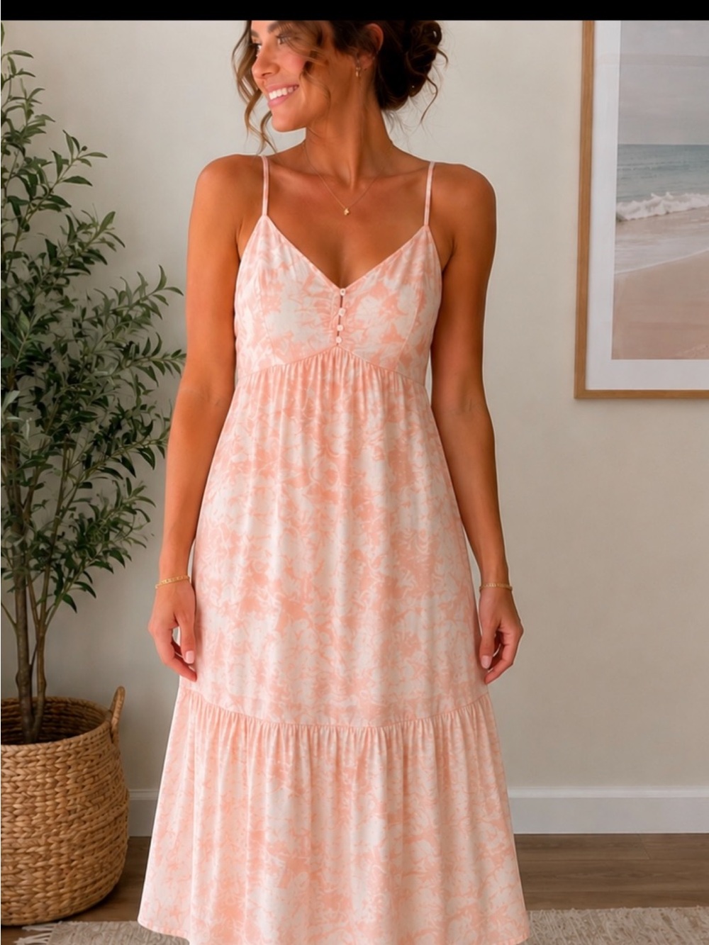 Rails Peach & Cream Spaghetti Strap Midi Dress with Tiered Skirt